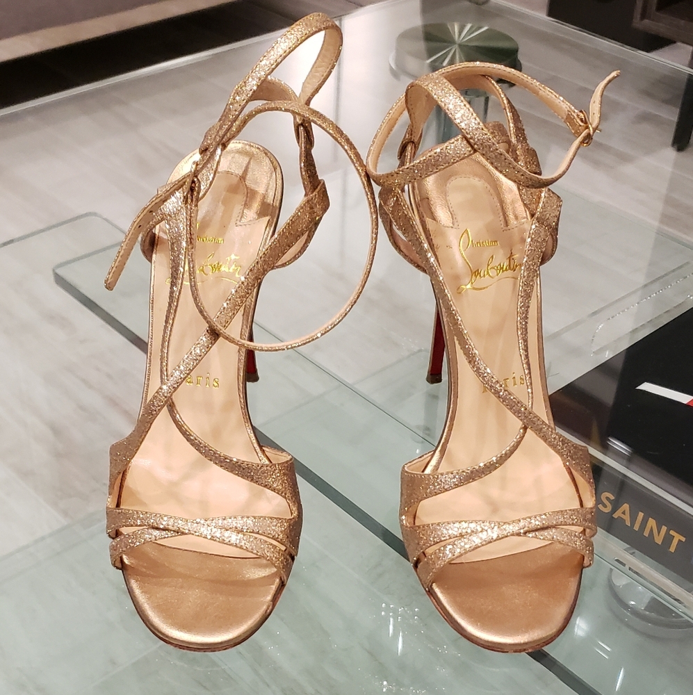 EUC- Christian Louboutin Gold Strappy Heels - Picture 2 of 16